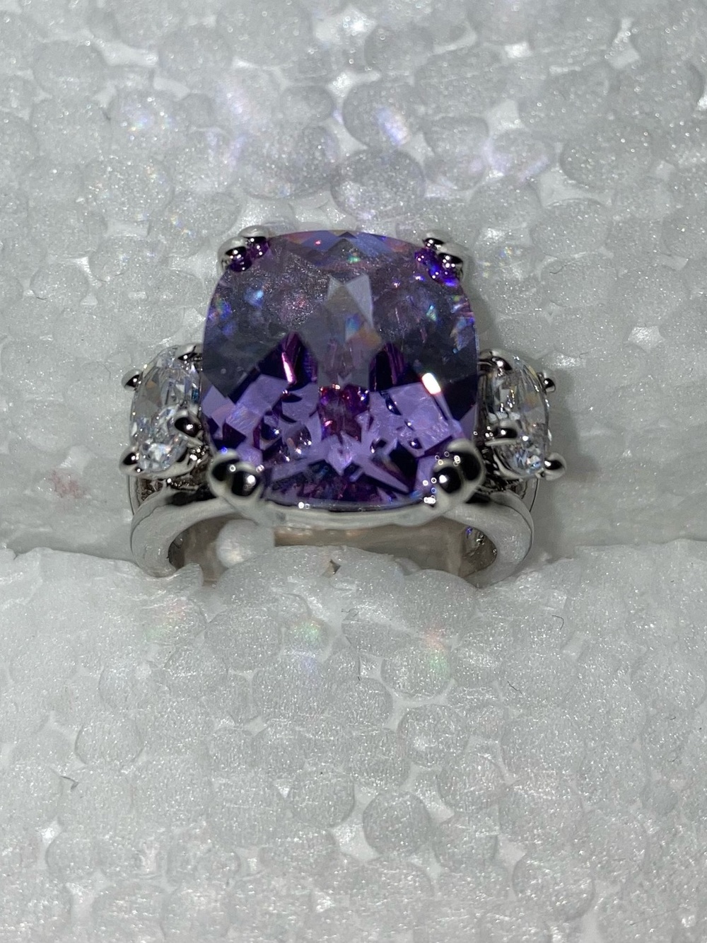 Silver Ring with Cushion Purple Center Stone and Side Accents